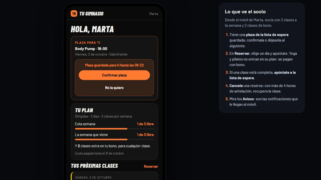Pantalla de la app para gimnasios con el horario de clases y las reservas