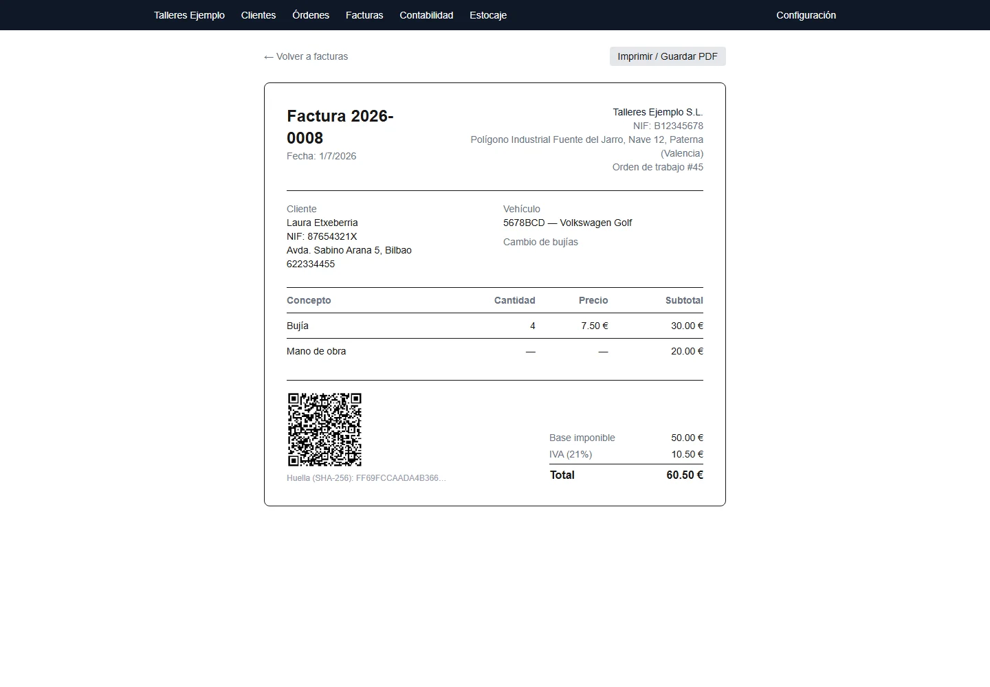 Factura individual con datos del taller y del cliente, líneas de repuestos y mano de obra, código QR y huella digital